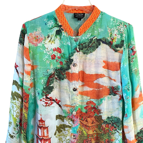CITRON SANTA MONICA Size Large Chinese Pagoda Tie Dye Button-Up Long Sleeve Top - Picture 3 of 9
